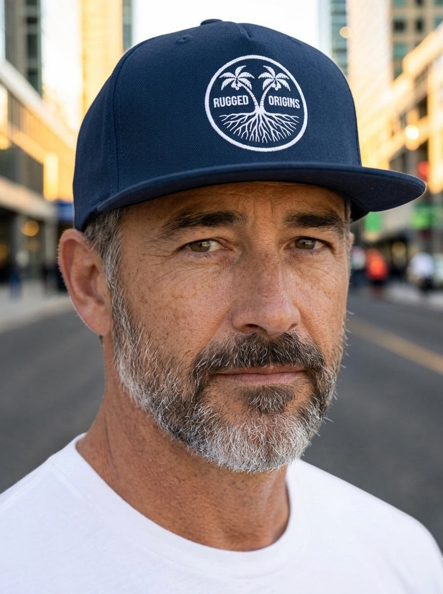 RUGGED ORIGINS White Logo-  Black / Navy Blue SnapBack
