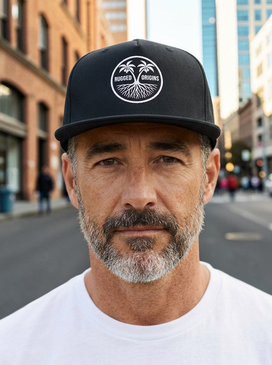 RUGGED ORIGINS White Logo-  Black / Navy Blue SnapBack