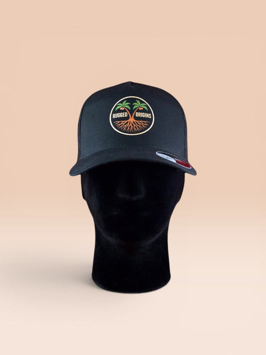 RUGGED ORIGINS Black / Navy Blue Trucker Hat - Coloured Logo