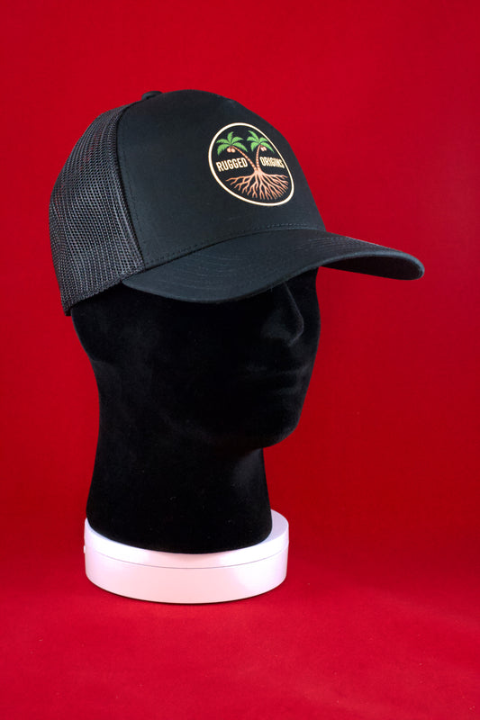 RUGGED ORIGINS Black / Navy Blue Trucker Hat - Coloured Logo